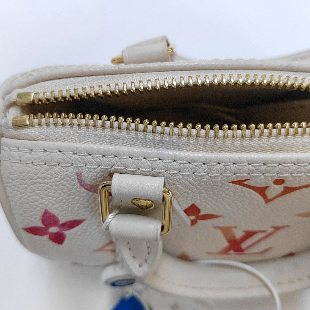 LOUIS VUITTON SPEEDY Nano White Calfskin Monogram Embossed Boston Bag Shoulder Bag Tote Bag Crossbody Bag Gold Hardware Removable Strap-(SKU)-965553381