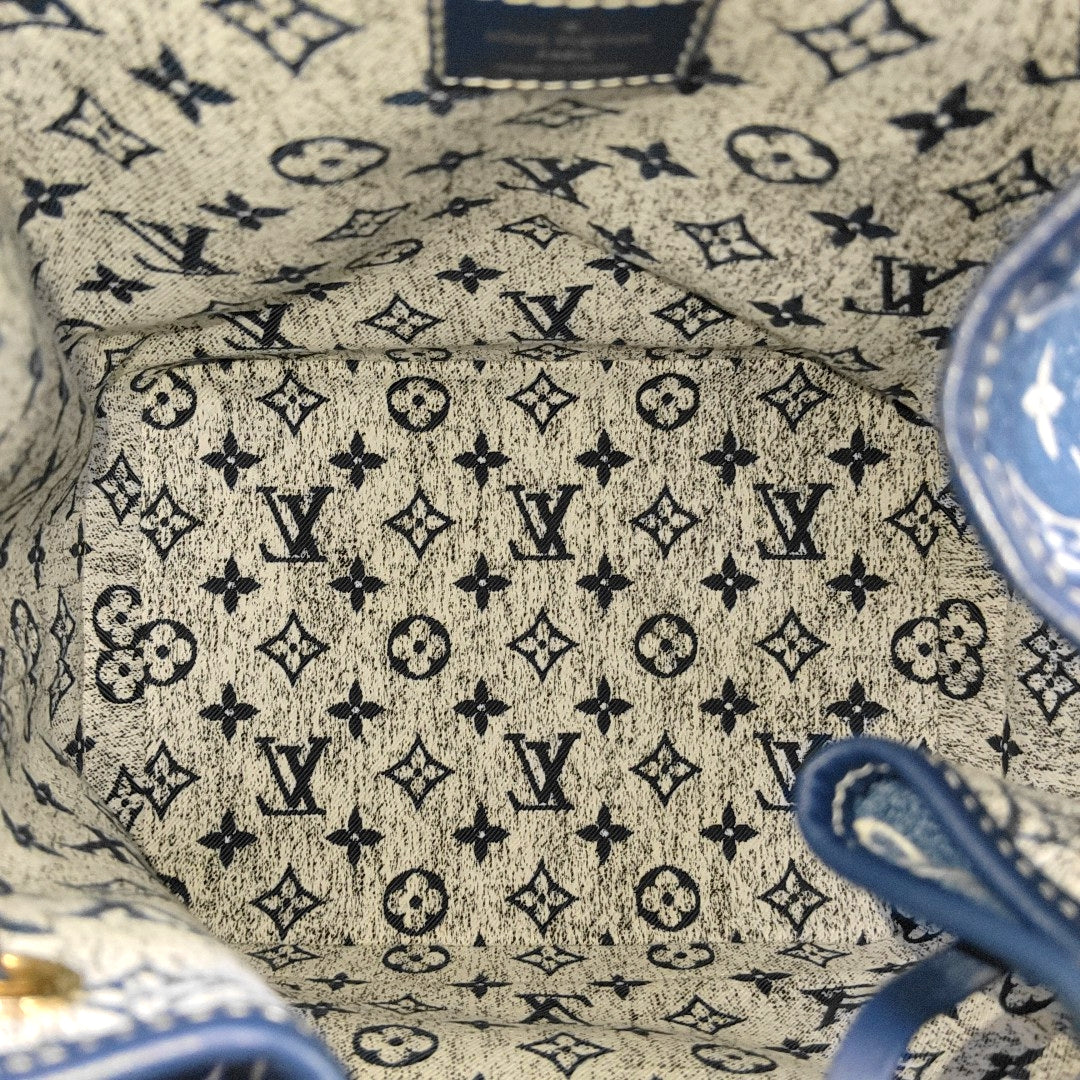 LOUIS VUITTON NOÉ Large Blue Denim Monogram Bucket Bag Crossbody Shoulder Bag Gold Hardware Removable Shoulder Strap Full Accessories-(SKU)-969550979