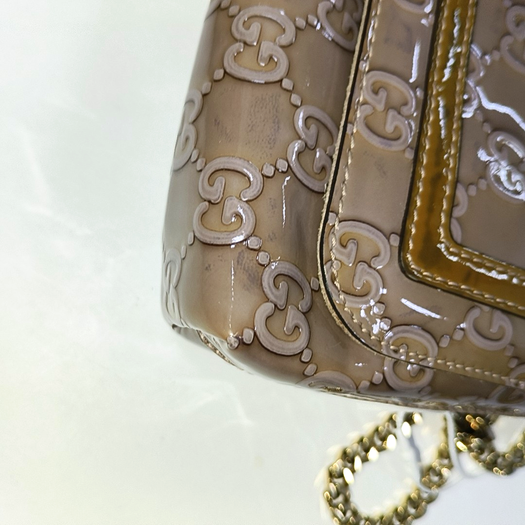 GUCCI Light Purple Patent Leather Monogram Damask Single Shoulder Bag Golden hardware-(SKU)-942136381