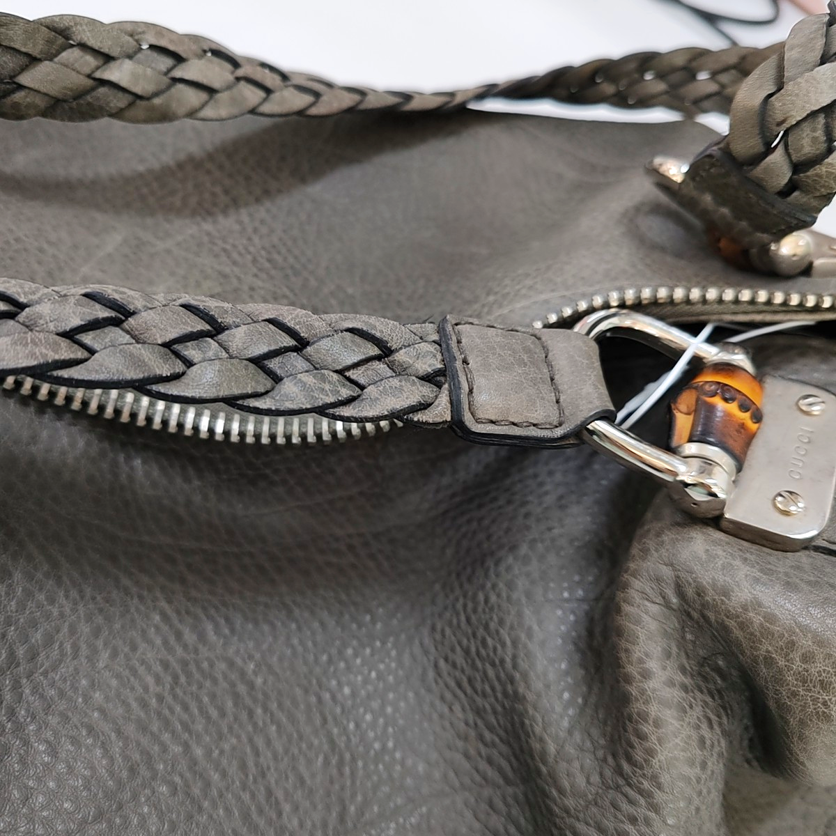 GUCCI Bamboo 1947 Medium size Elephant Gray Cowhide Monogram Woven Handbag, Single Shoulder Bag Silver Hardware-(SKU)-958140383