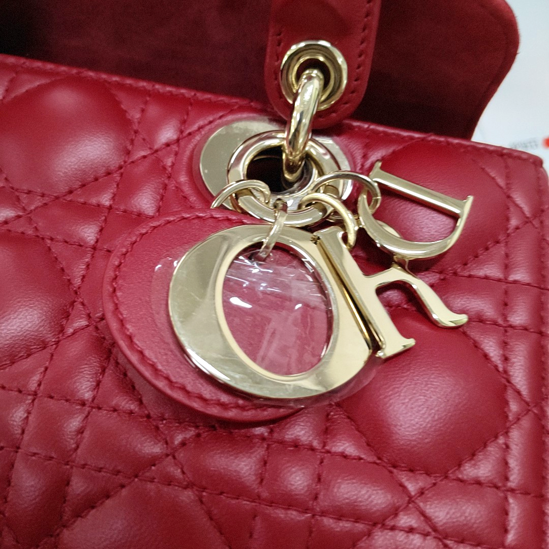 DIOR Lady D-Joy Small Red Lamb Skin Quilted Cannage Five-Panel Shoulder Bag with Detachable Strap, Gold Hardware-(SKU)-958281781
