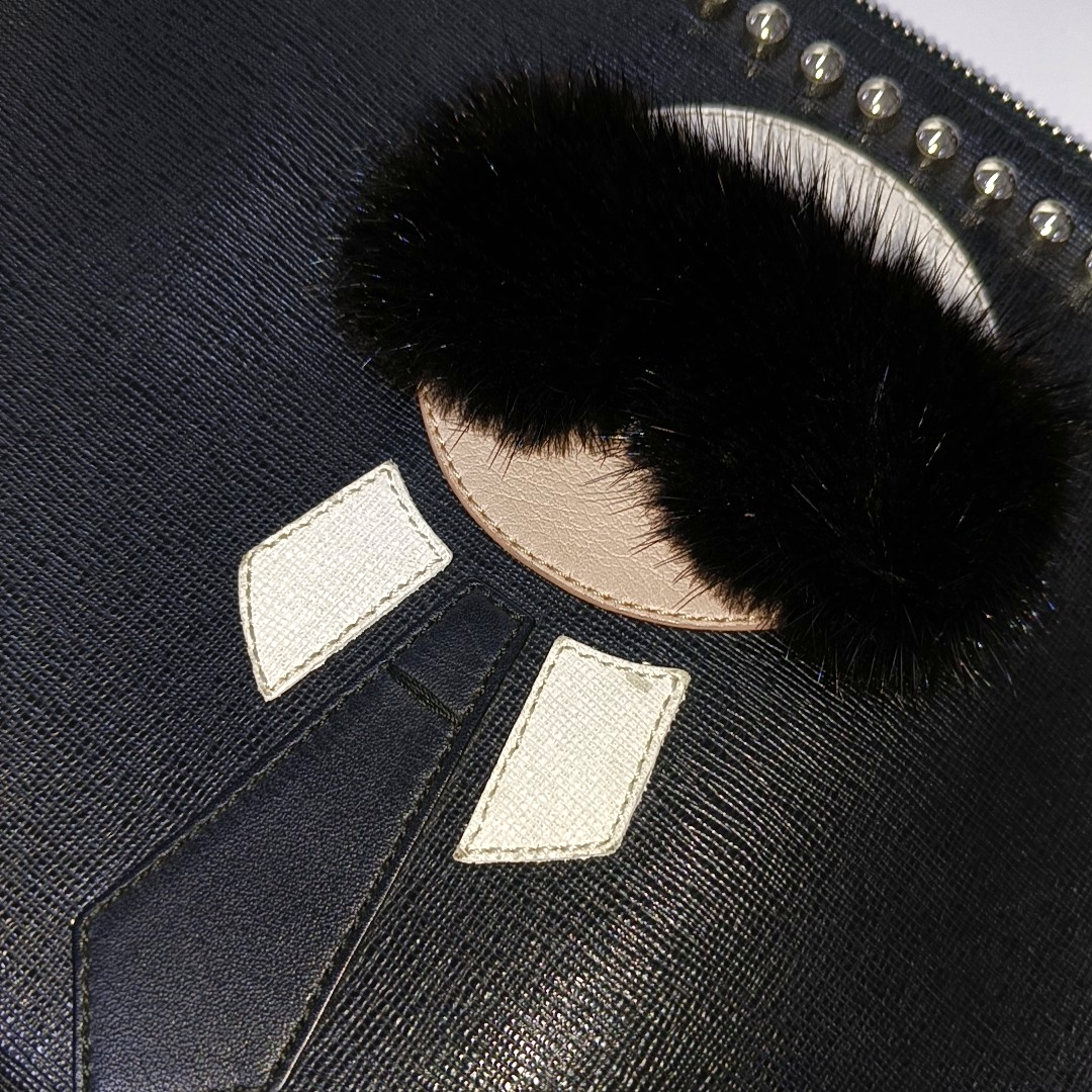FENDI Karlito Black Leather Studs Handbag Silver Hardware-(SKU)-934933009