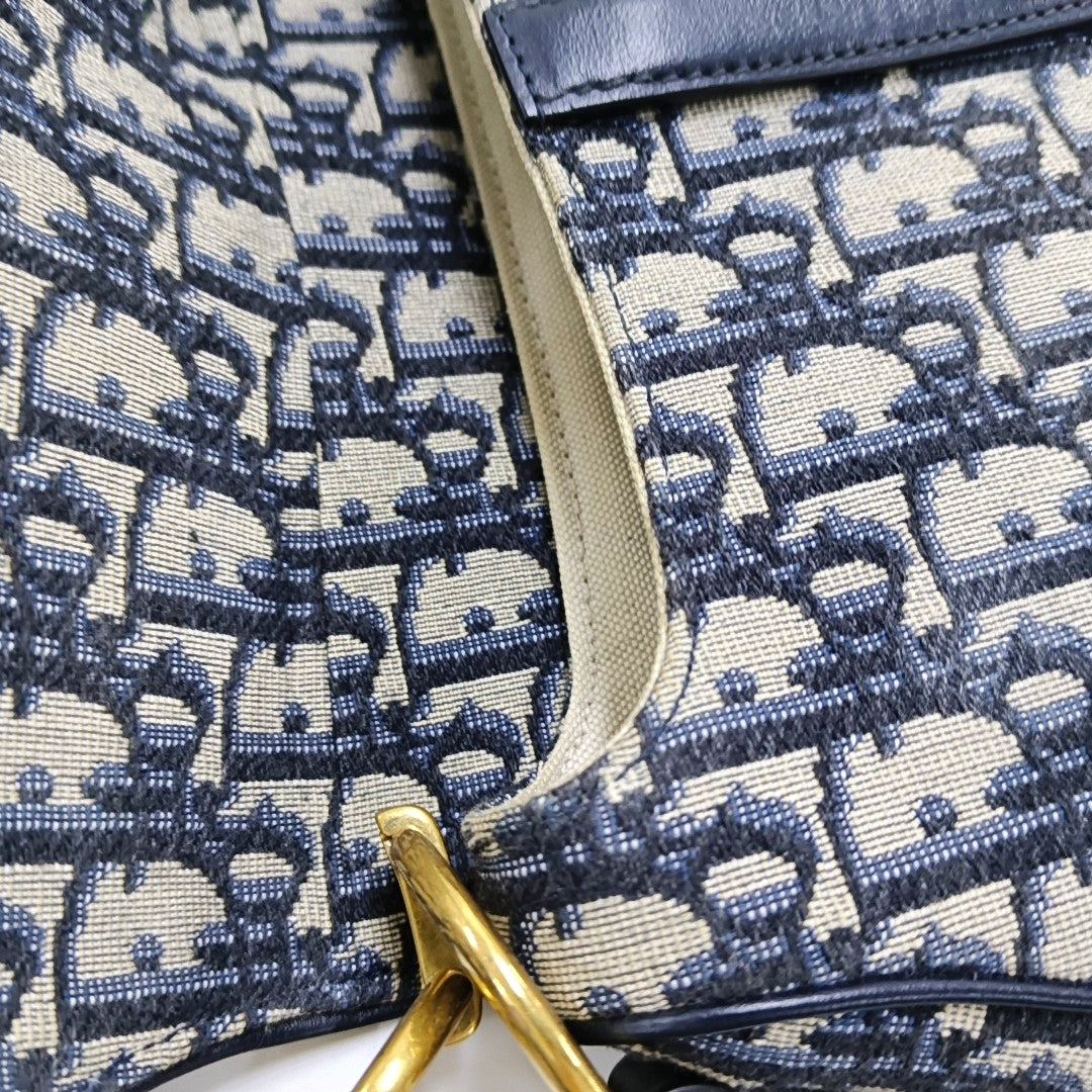 DIOR Saddle Small Size Blue Canvas Monogram Saddle Bag Single Shoulder Bag Golden Hardware-(SKU)-966733387