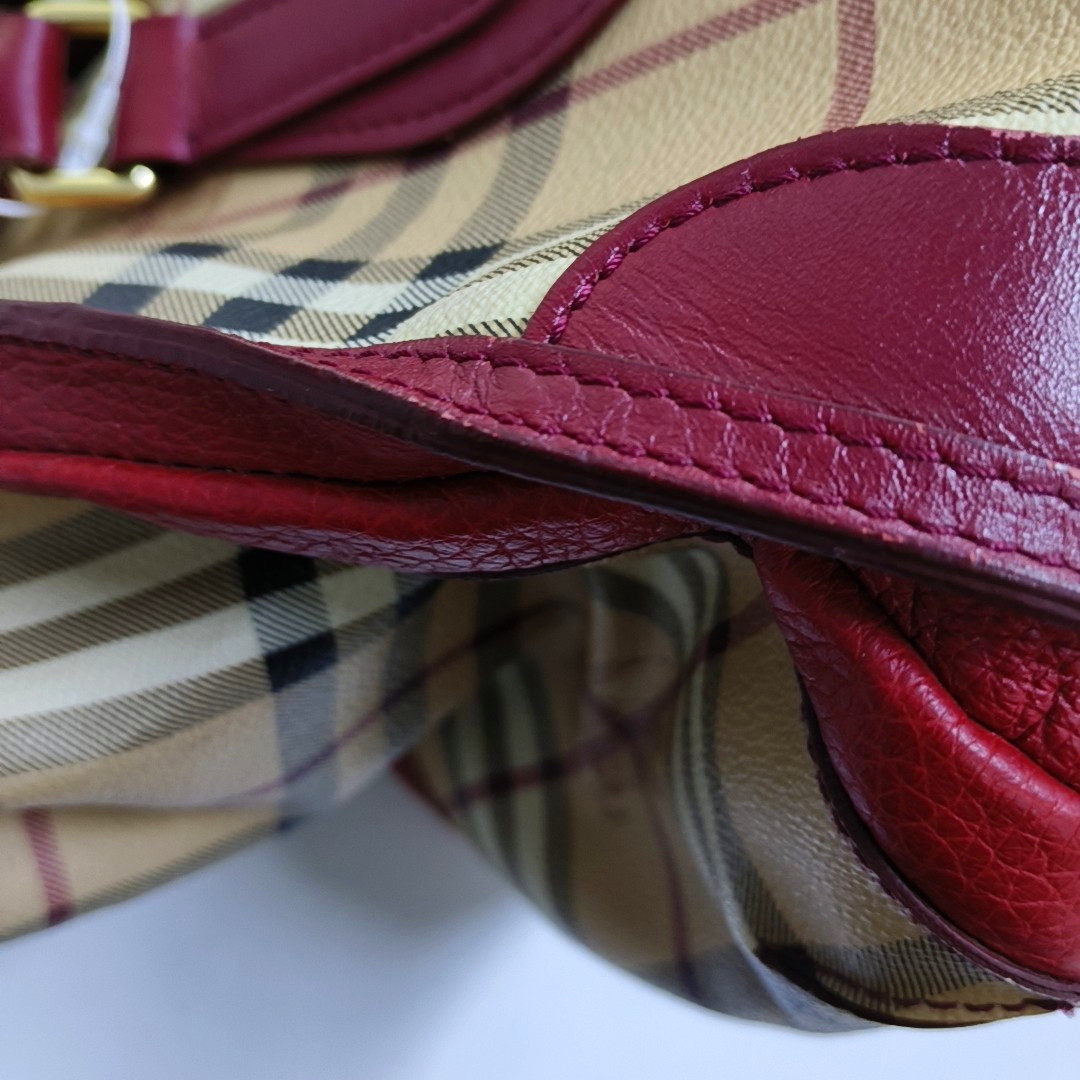 BURBERRY Red Coated Canvas Warhorse Plaid Single Shoulder Bag Golden hardware Removable shoulder strap-(SKU)-948483187