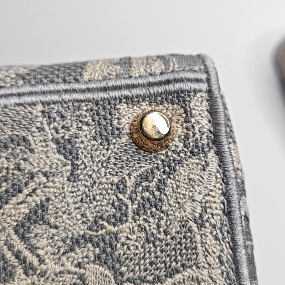 DIOR Lady D-Lite medium size grey fabric embroidered handbag gold hardware detachable shoulder strap-(SKU)-965432994