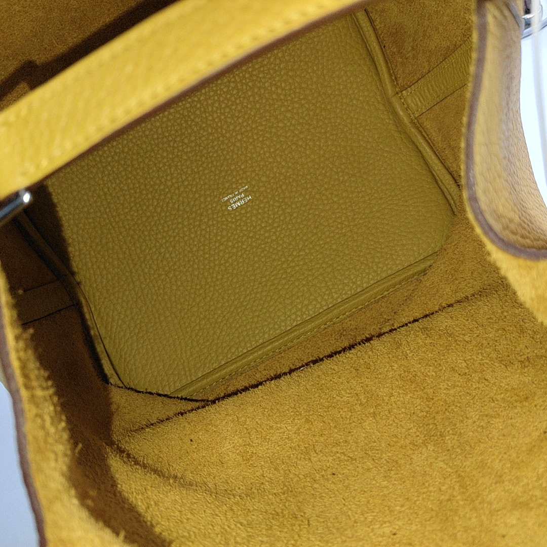 HERMÈS Picotin Lock 22 Yellow Clemence Calfskin Basket Handbag with Silver Hardware and C Stamp-(SKU)-946053978