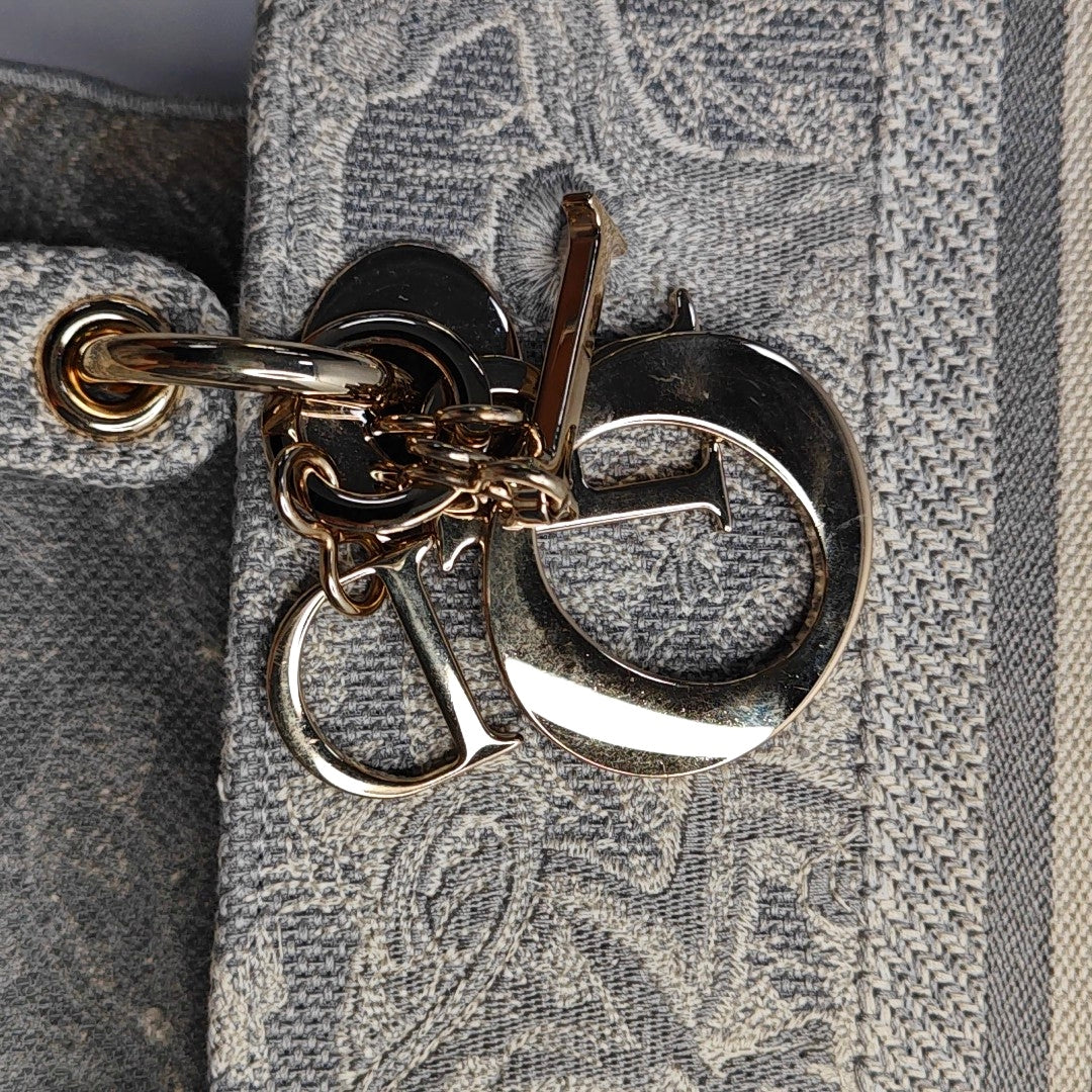 DIOR Lady D-Lite medium size grey fabric embroidered handbag gold hardware detachable shoulder strap-(SKU)-965432994