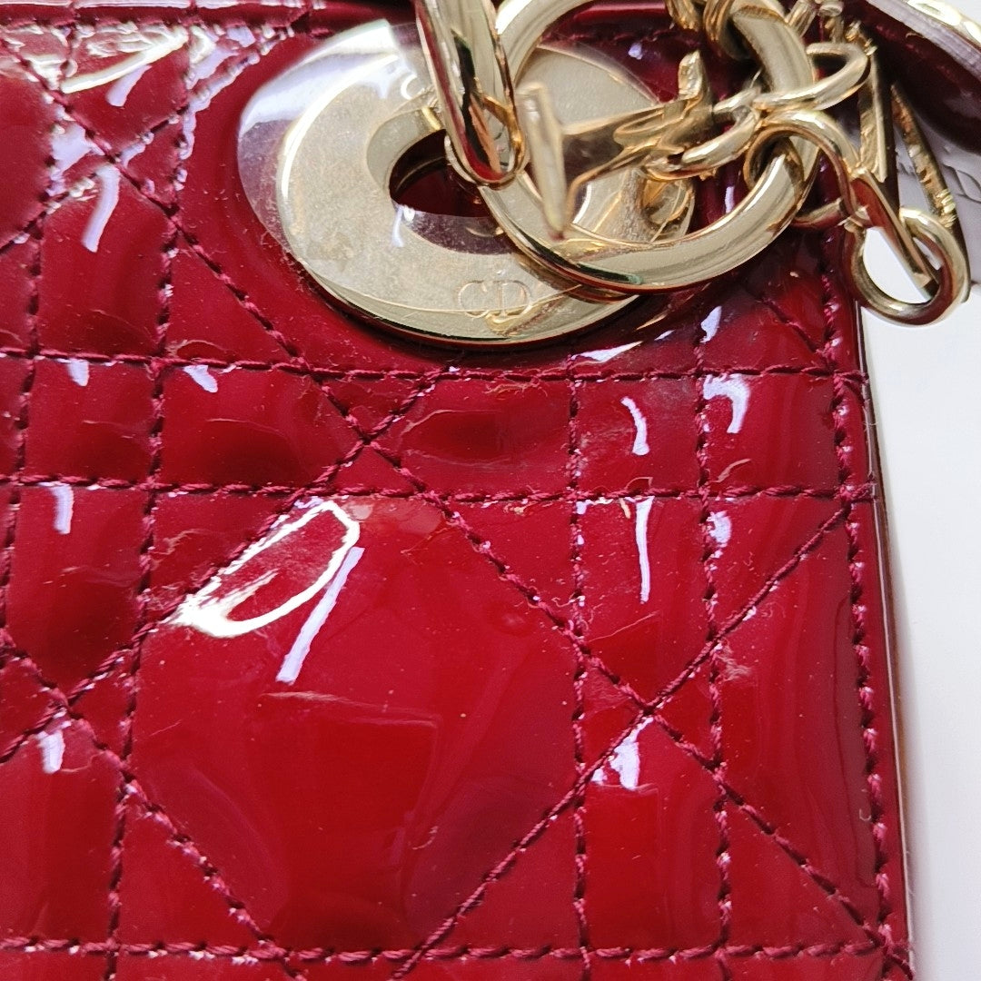DIOR Lady Dior Mini Red Patent Lambskin Quilted Cannage Three Shoulder Bag, Crossbody Bag, Handbag with Detachable Strap-(SKU)-966772518