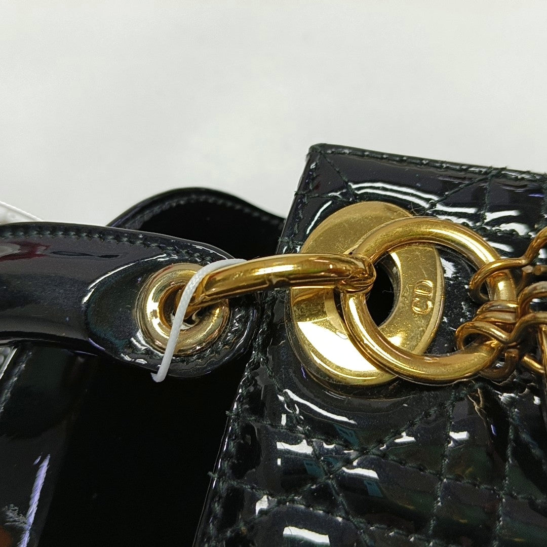 DIOR Lady Dior Mini Black Patent Lamb Skin Quilted Diagonal Bag, Shoulder Bag, Crossbody, Handle Bag with Detachable Strap, Golden Hardware-(SKU)-971167248