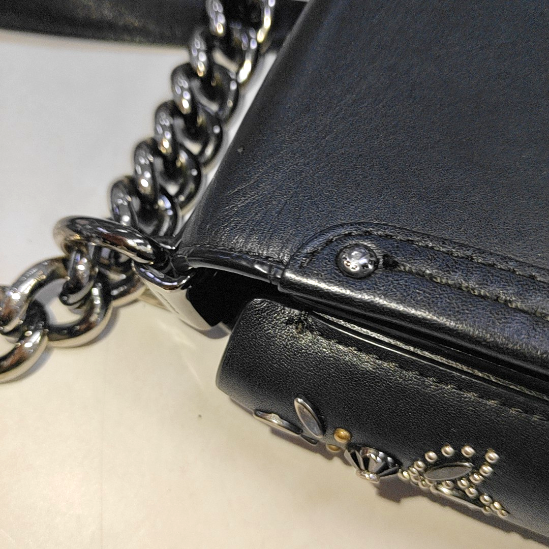 COACH SWAGGER Black Leather Studs Inlay Crossbody Bag Single Shoulder Bag Golden silver ruthenium color hardware-(SKU)-939036502