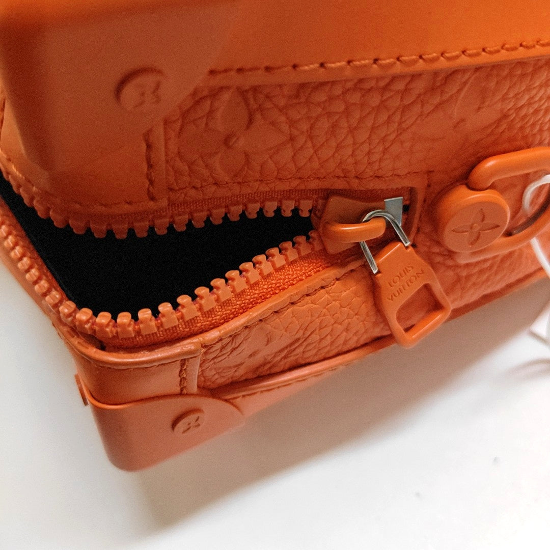 LOUIS VUITTON SOFT TRUNK Orange Leather Monogram Damier Ebene Shoulder Bag Tote Bag Crossbody Silver Hardware Removable Shoulder Strap-(SKU)-966422103