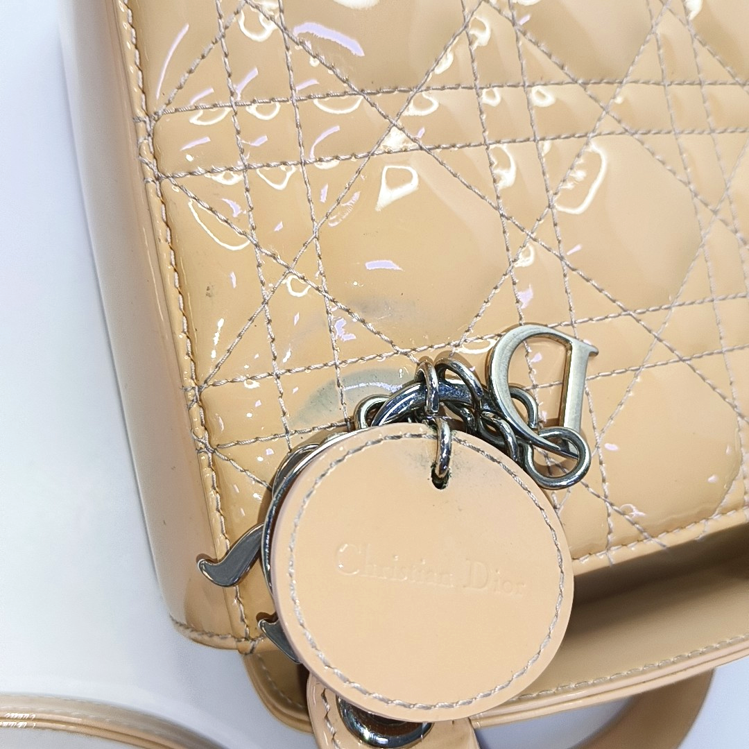 DIOR Lady Dior Mini Khaki Patent Leather Cannage Quilted Hobo Shoulder Bag Handbag Crossbody Bag 18 Clasp Silver Hardware Removable Shoulder Strap-(SKU)-961779565