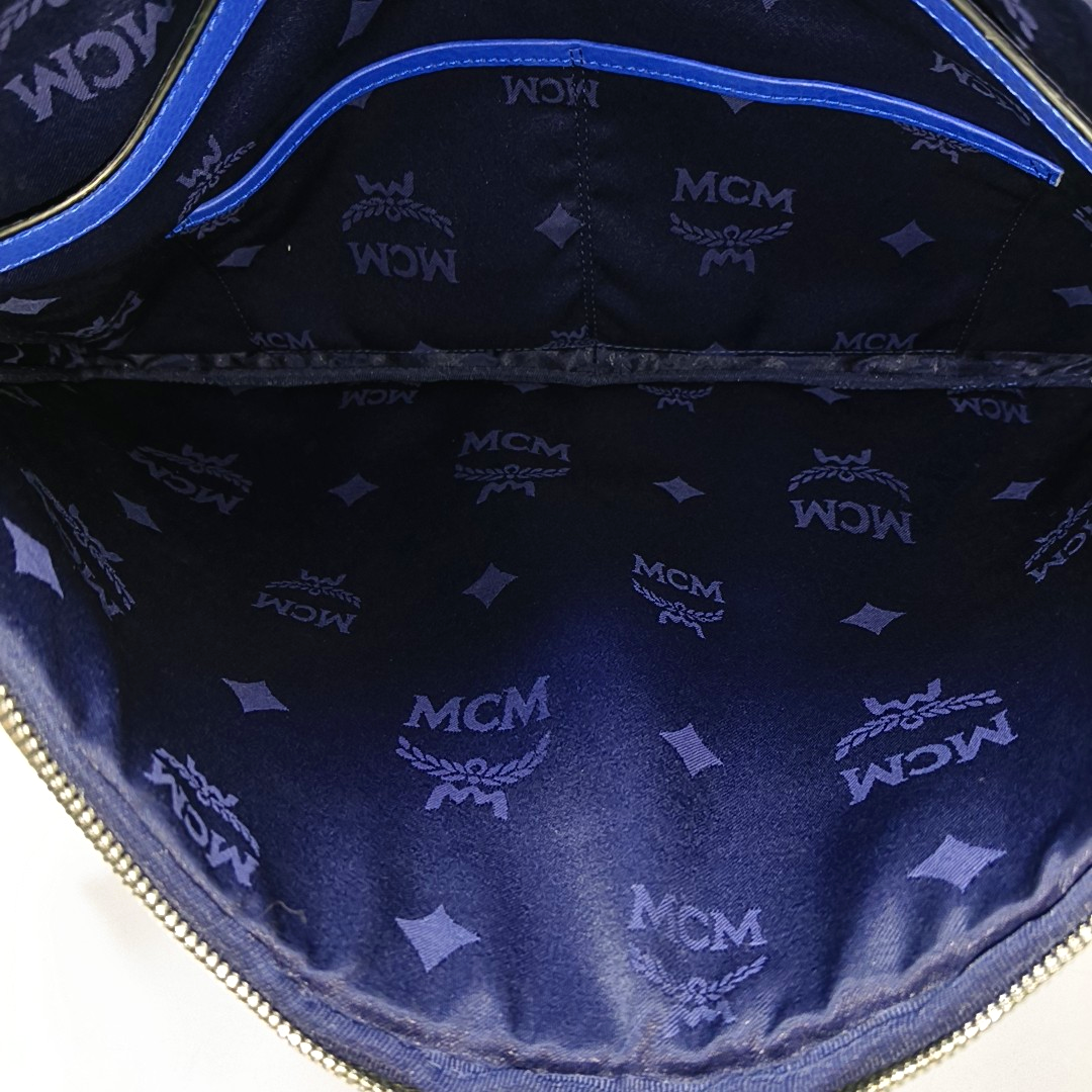 MCM Dark Blue Leather Monogrammed Handbag Silver Hardware-(SKU)-952083902