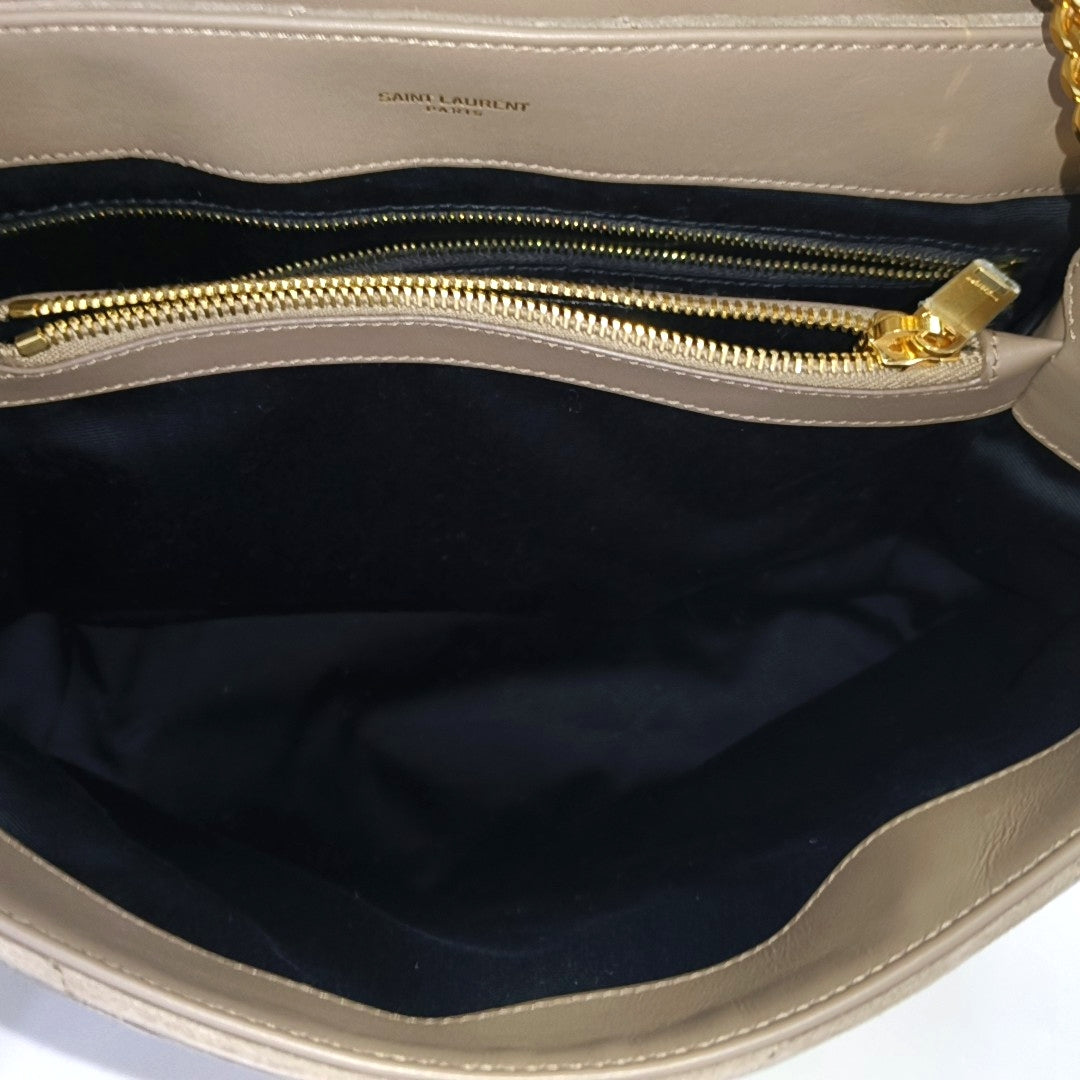 YSL LOULOU Medium Size Taupe Suede Quilted V-Stitch Shoulder Bag Crossbody Bag Golden Hardware-(SKU)-968011194