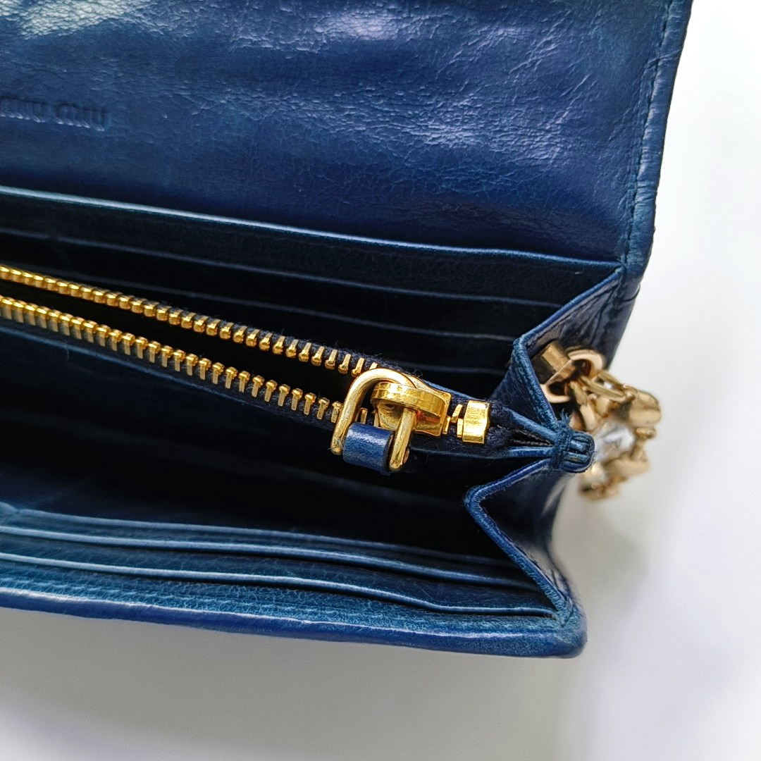 Miu Miu Dark Blue Sheepskin Stitched Wallet Golden hardware-(SKU)-950467224