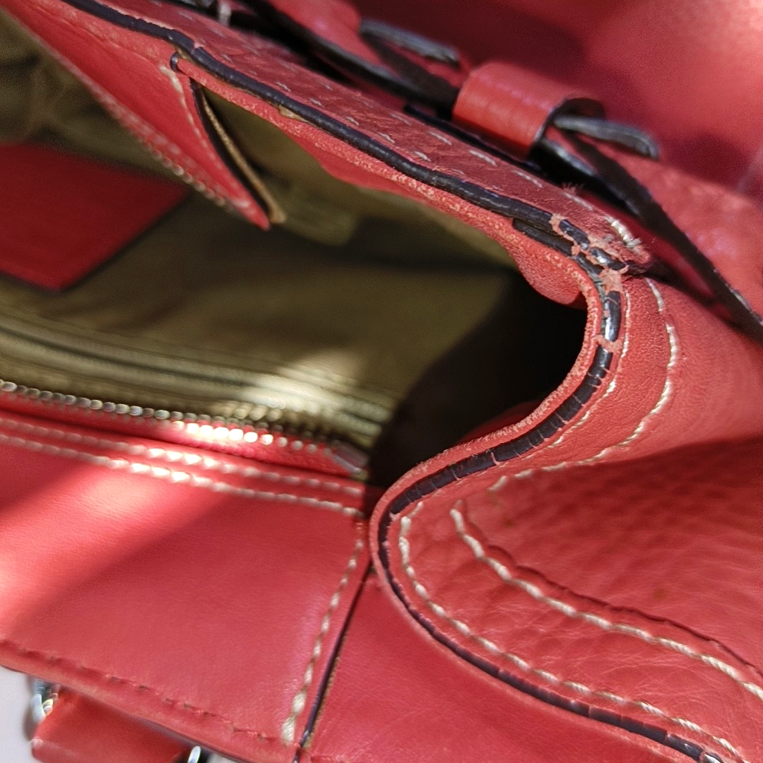 COACH HAMPTON Watermelon Red Calf Leather Fringe Weave Handbag Silver Hardware-(SKU)-928565147