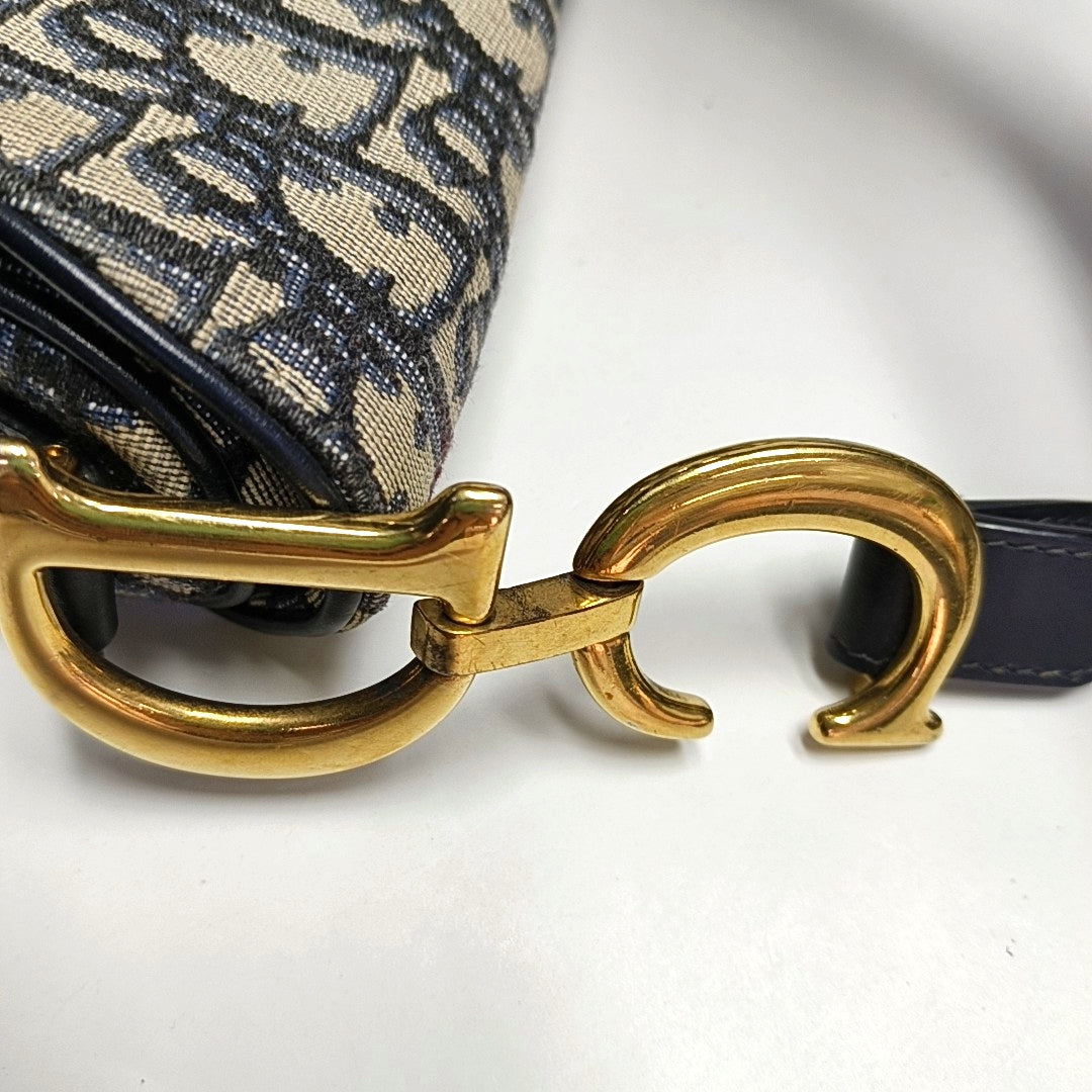 DIOR Saddle Small Blue Canvas Monogram Damier Embossed Saddle Bag, Shoulder Bag, Golden Hardware, Removable Strap-(SKU)-971349303