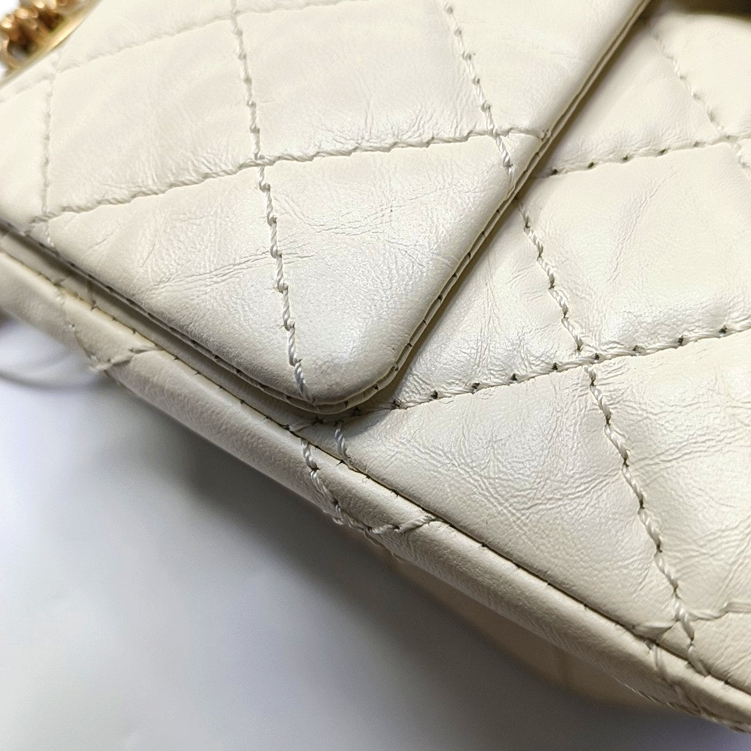 CHANEL 2.55 Mini White Calfskin Quilted Single Shoulder Bag Crossbody with Gold Hardware, 30 Clasp-(SKU)-967684071