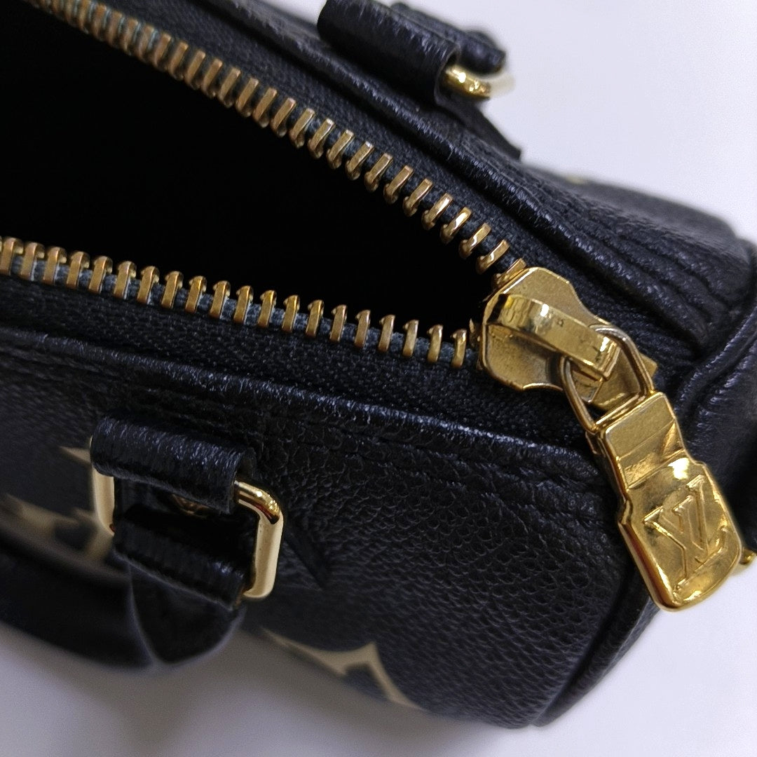 LOUIS VUITTON SPEEDY Nano Black Calfskin Monogram Embossed Boston Bag Shoulder Bag Tote Bag Crossbody Bag Gold Hardware Removable Strap-(SKU)-966570121