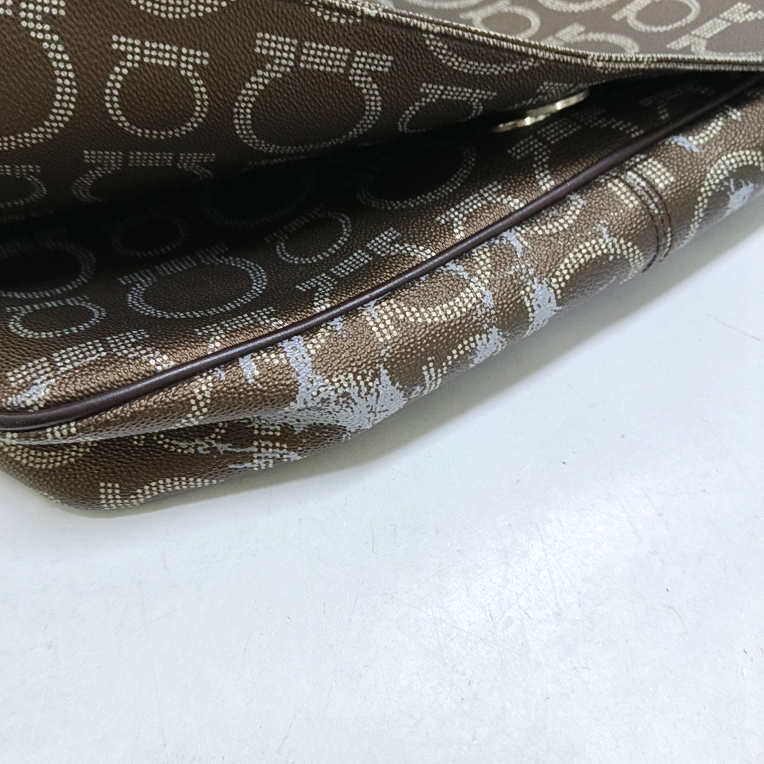 FERRAGAMO Dark Brown Coated Canvas Print Single Shoulder Bag Crossbody Bag Silver Hardware-(SKU)-952089727