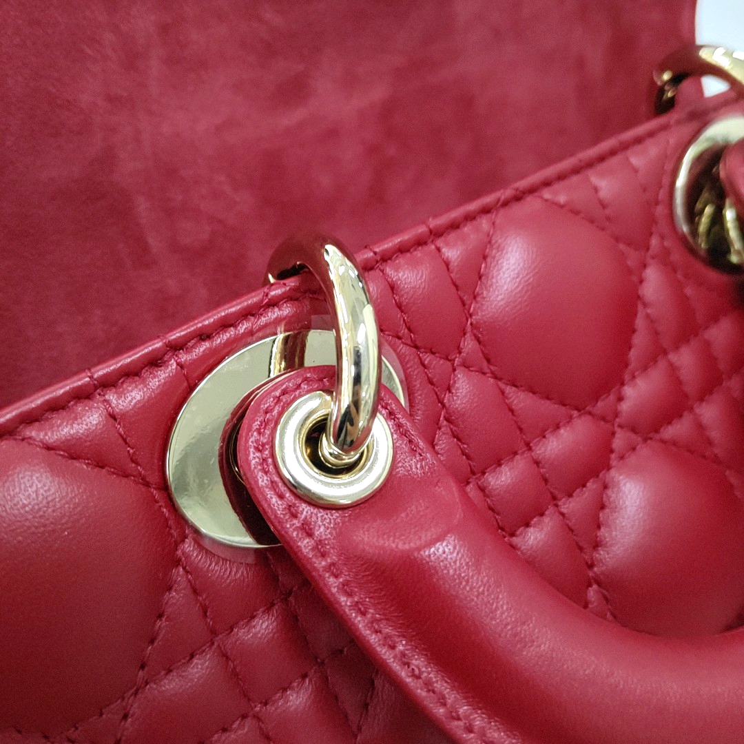 DIOR Lady D-Joy Small Red Lamb Skin Quilted Cannage Five-Panel Shoulder Bag with Detachable Strap, Gold Hardware-(SKU)-958281781