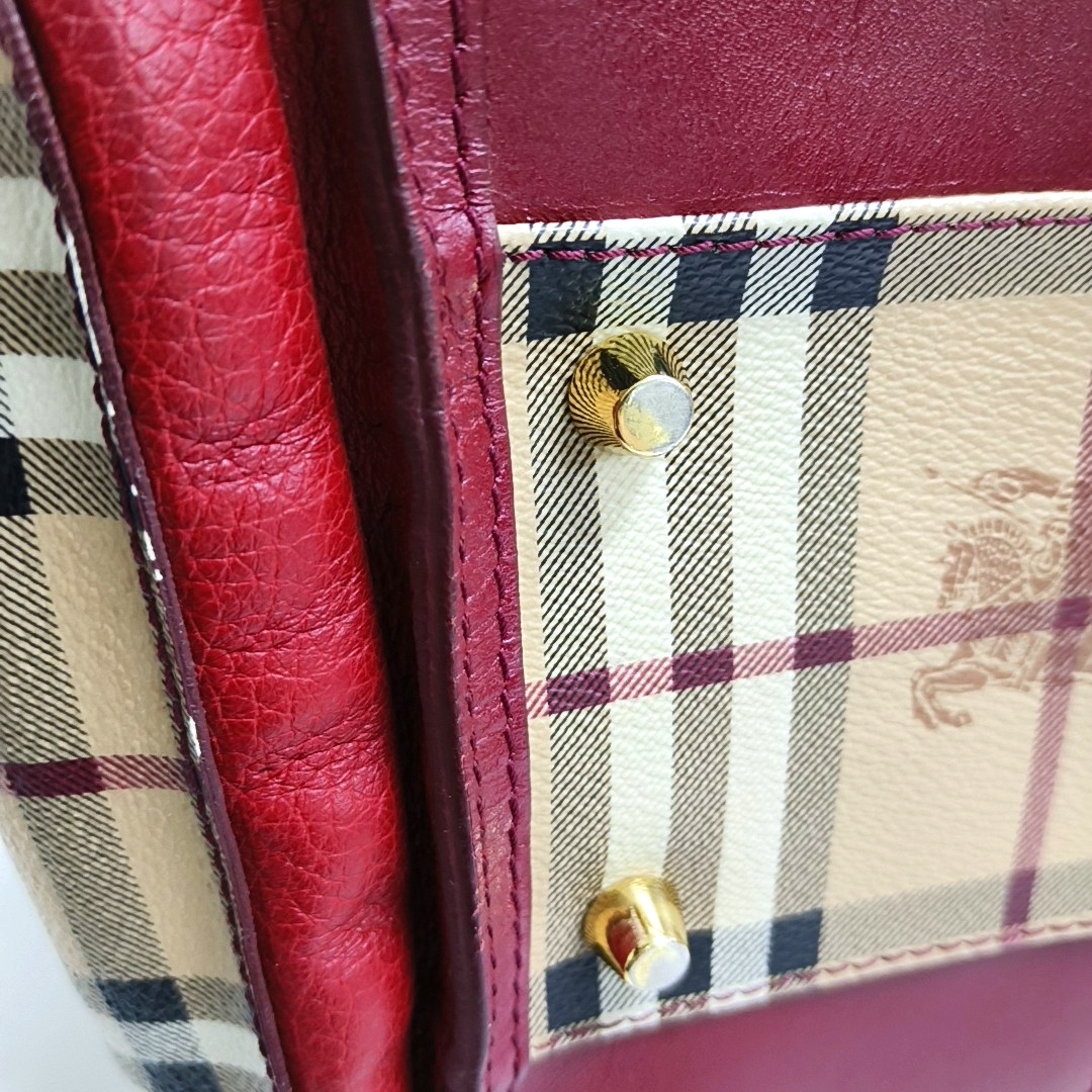BURBERRY Red Coated Canvas Warhorse Plaid Single Shoulder Bag Golden hardware Removable shoulder strap-(SKU)-948483187