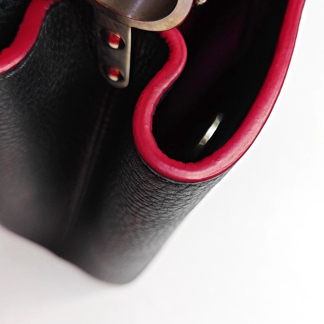 LOUIS VUITTON CAPUCINES Medium Size Black Calfskin Single Shoulder Bag Crossbody Handbag Silver Hardware Removable Shoulder Strap-(SKU)-968015408