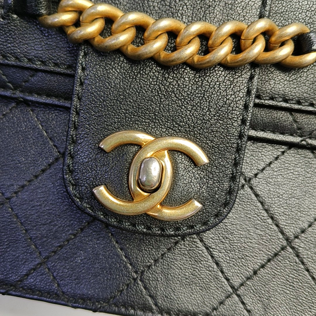 CHANEL FRONT CHAIN FLAP BAG Black Calfskin Quilted Shoulder Bag Gold Hardware 24K-(SKU)-961017689