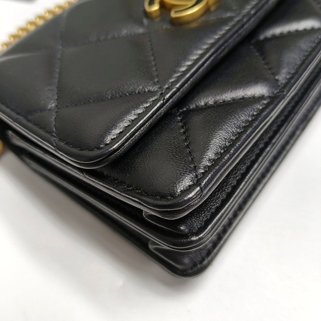 CHANEL WOC Black Lamb Skin Quilted Intrecciato Crossbody Bag, Shoulder Bag, Golden Hardware, 31 Clasp-(SKU)-970987317