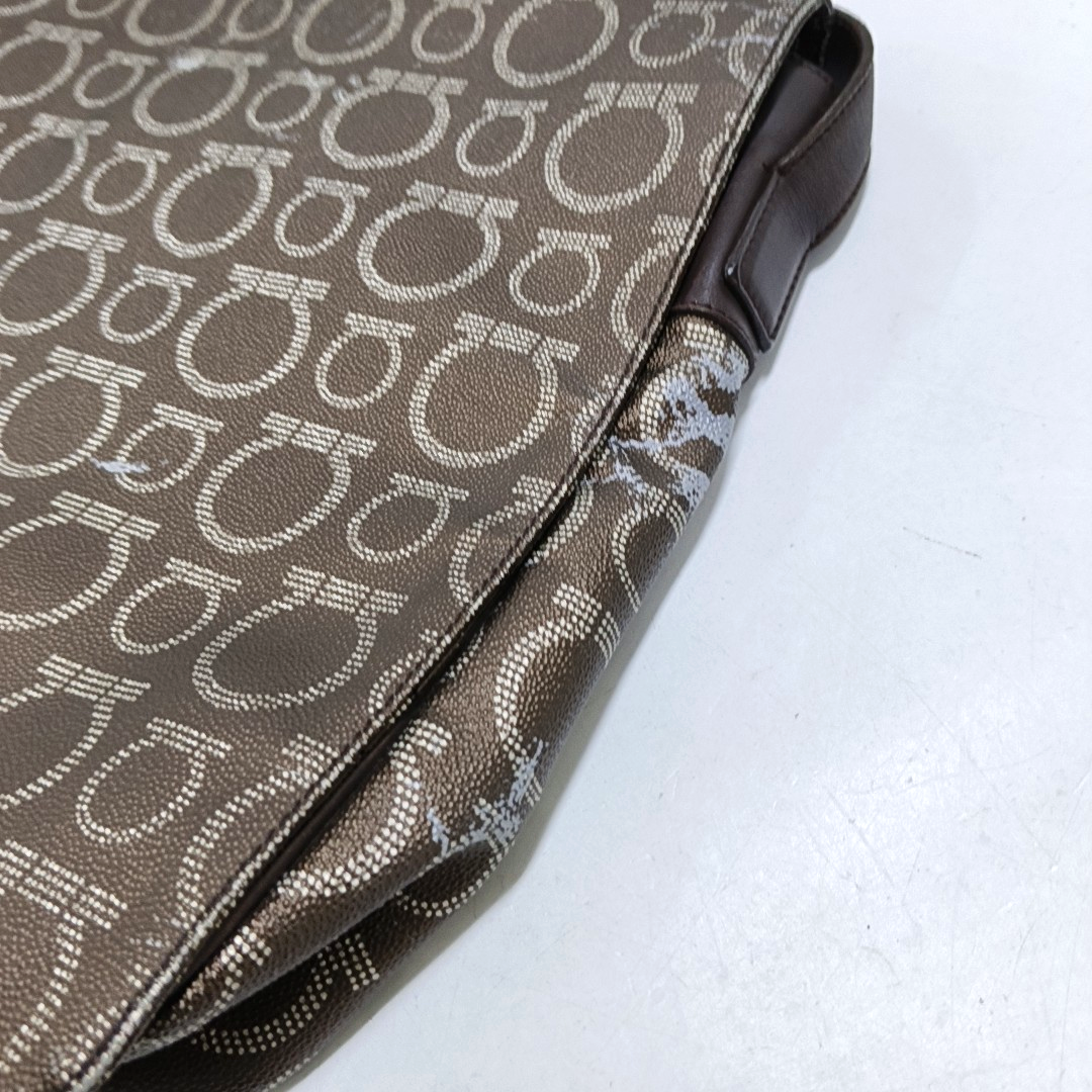 FERRAGAMO Dark Brown Coated Canvas Print Single Shoulder Bag Crossbody Bag Silver Hardware-(SKU)-952089727