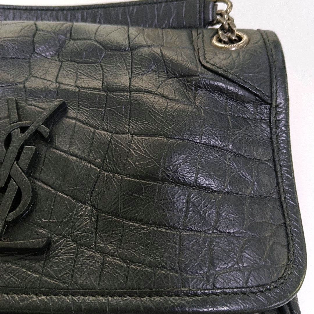 YSL NIKI Small Dark Grey Calfskin Plaid Quilted V-Shape Shoulder Bag Palladium Hardware-(SKU)-966844525