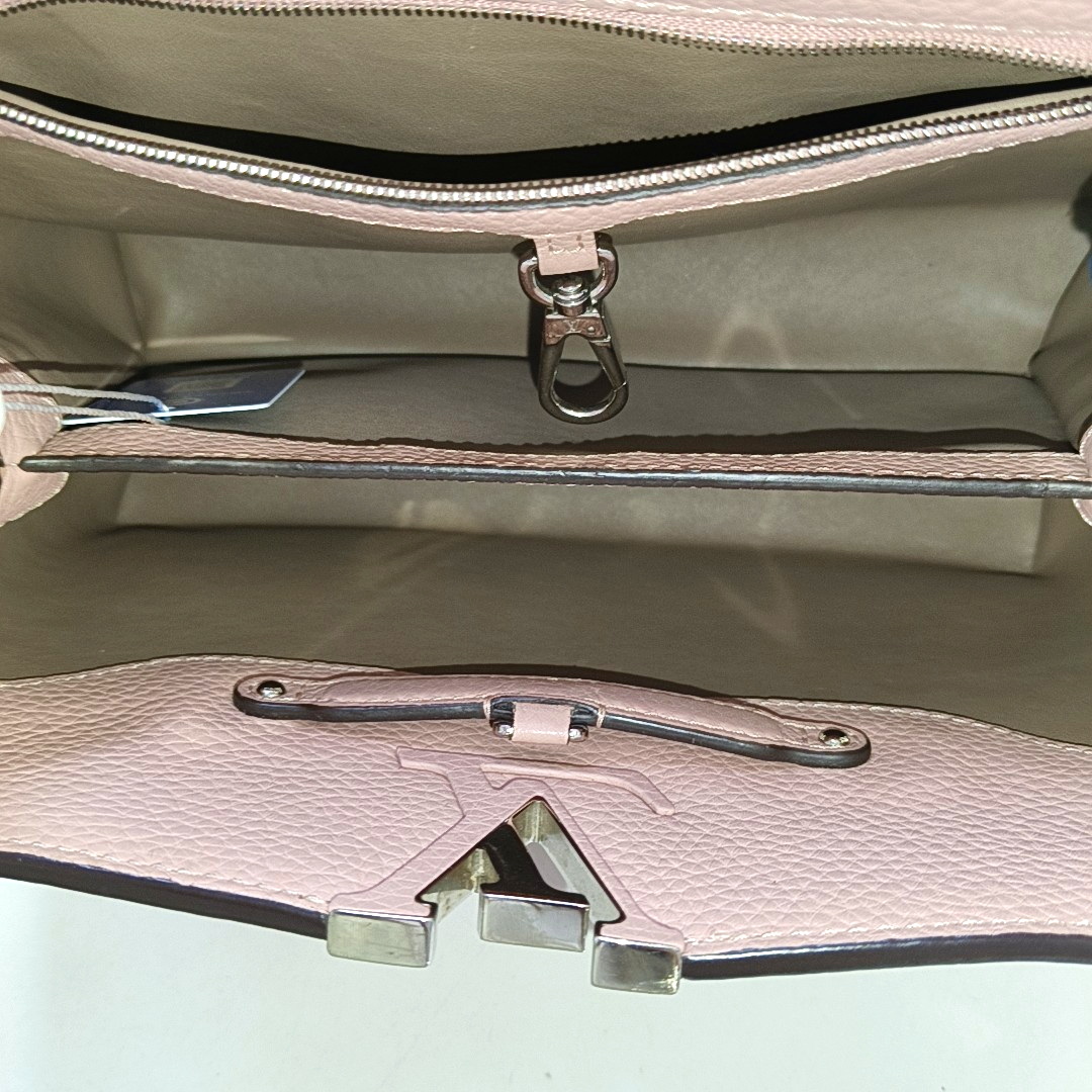 LOUIS VUITTON CAPUCINES Medium Size Nude Pink Calfskin Crossbody Bag Shoulder Bag Tote Bag Silver Hardware Removable Strap-(SKU)-954522912