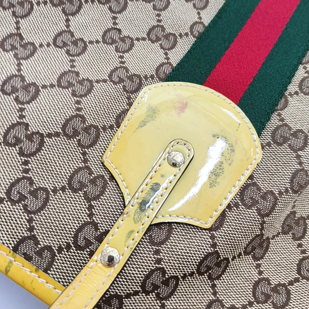 GUCCI Jolicoeur Medium size Khaki Canvas Monogrammed Striped Webbing Single Shoulder Bag Tote Bag Golden hardware-(SKU)-955054471