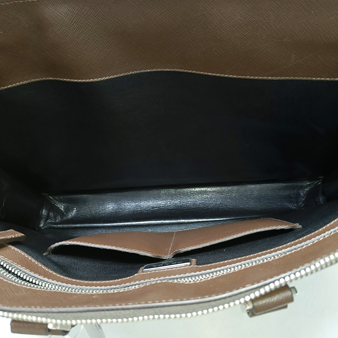 PRADA Dark Brown Cowhide Logo Crosshatch Handbag Silver Hardware-(SKU)-953376928