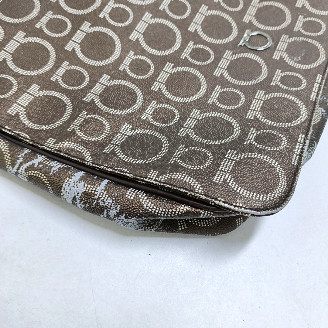 FERRAGAMO Dark Brown Coated Canvas Print Single Shoulder Bag Crossbody Bag Silver Hardware-(SKU)-952089727