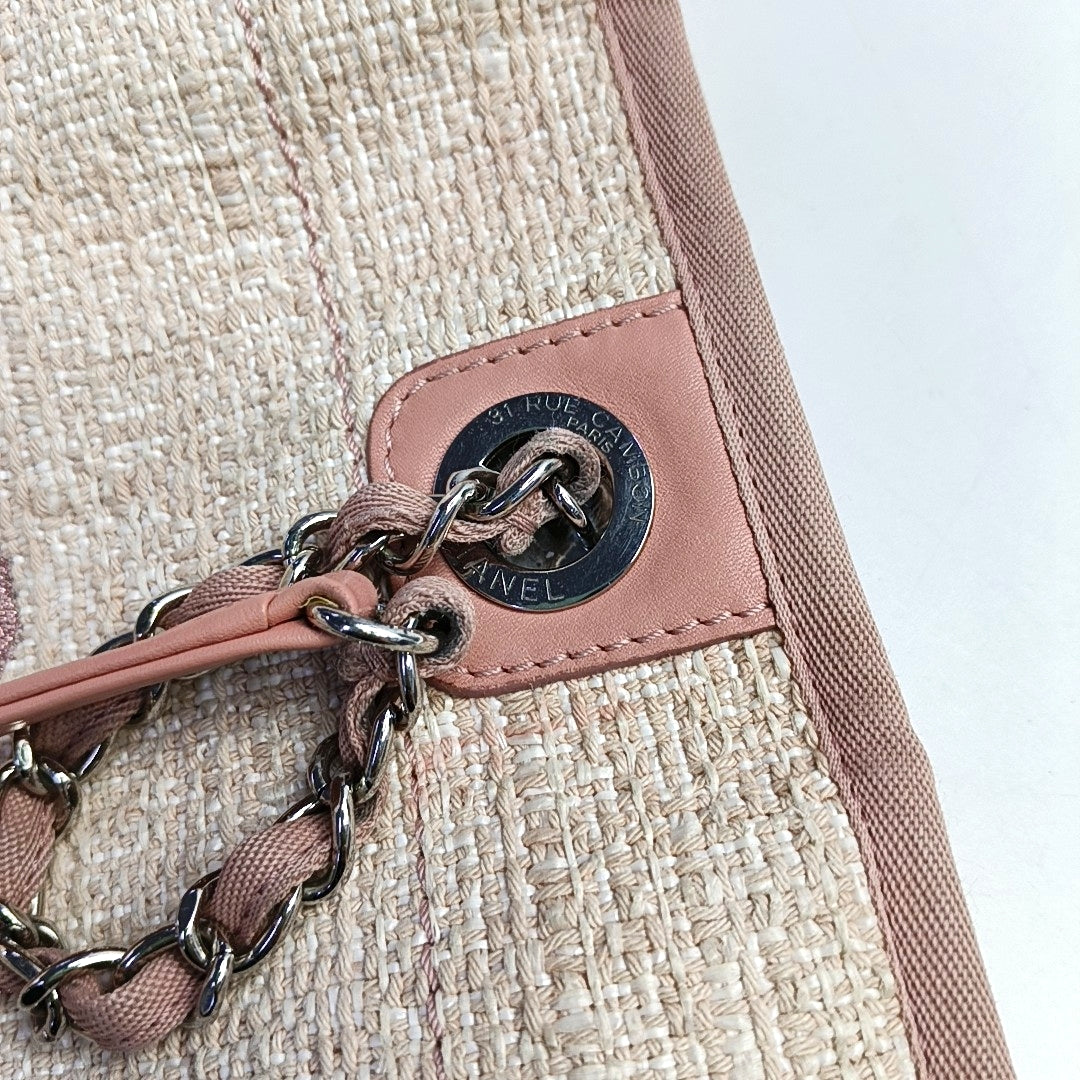 CHANEL DEAUVILLE Small Pink Canvas Shoulder Bag with Silver Hardware, 25 Clasps-(SKU)-969333382