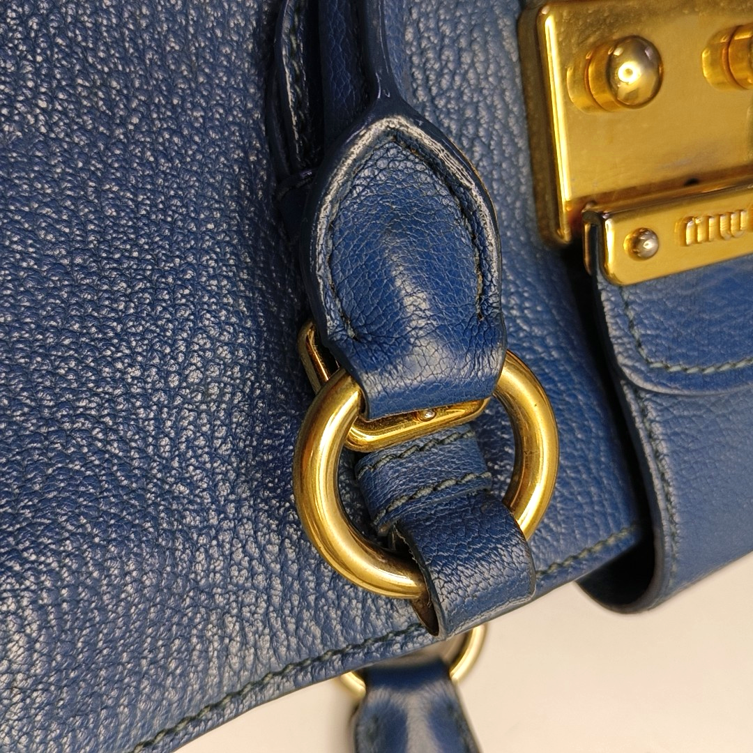 Miu Miu Tote bag Blue Cowhide Crumpled Shoulder Bag Single Shoulder Bag Crossbody Bag Golden hardware Removable shoulder strap-(SKU)-950926688