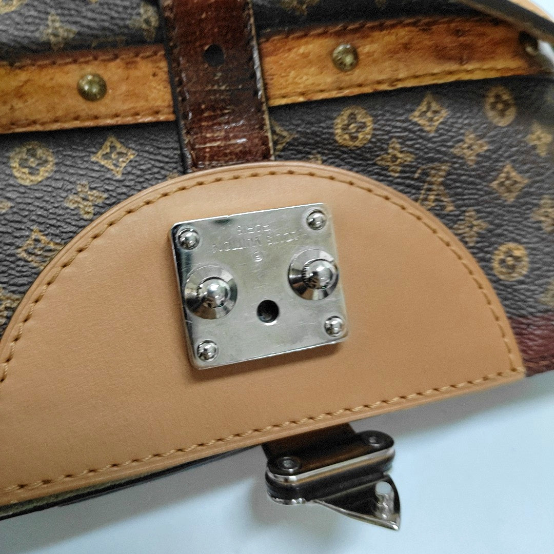 LOUIS VUITTON DUFFLE Brown Coated Canvas Monogram French Fry Shoulder Bag with Shoulder Strap, Silver Hardware, Removable Shoulder Strap-(SKU)-968214373