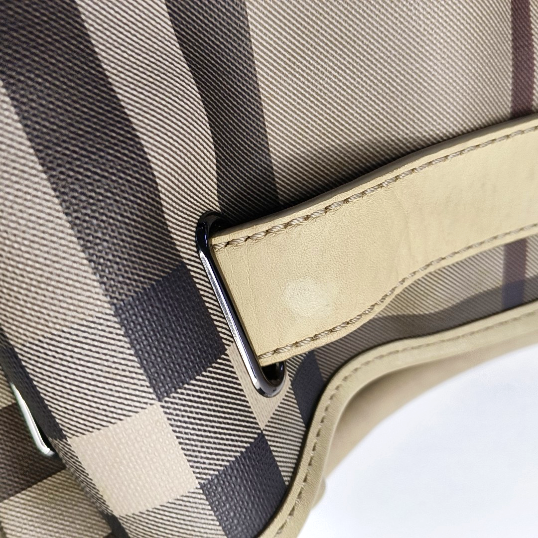 BURBERRY Smoked Check Medium size Light Gray Coated Canvas Shoulder Bag Tote Ruthenium color hardware Removable shoulder strap-(SKU)-951094751
