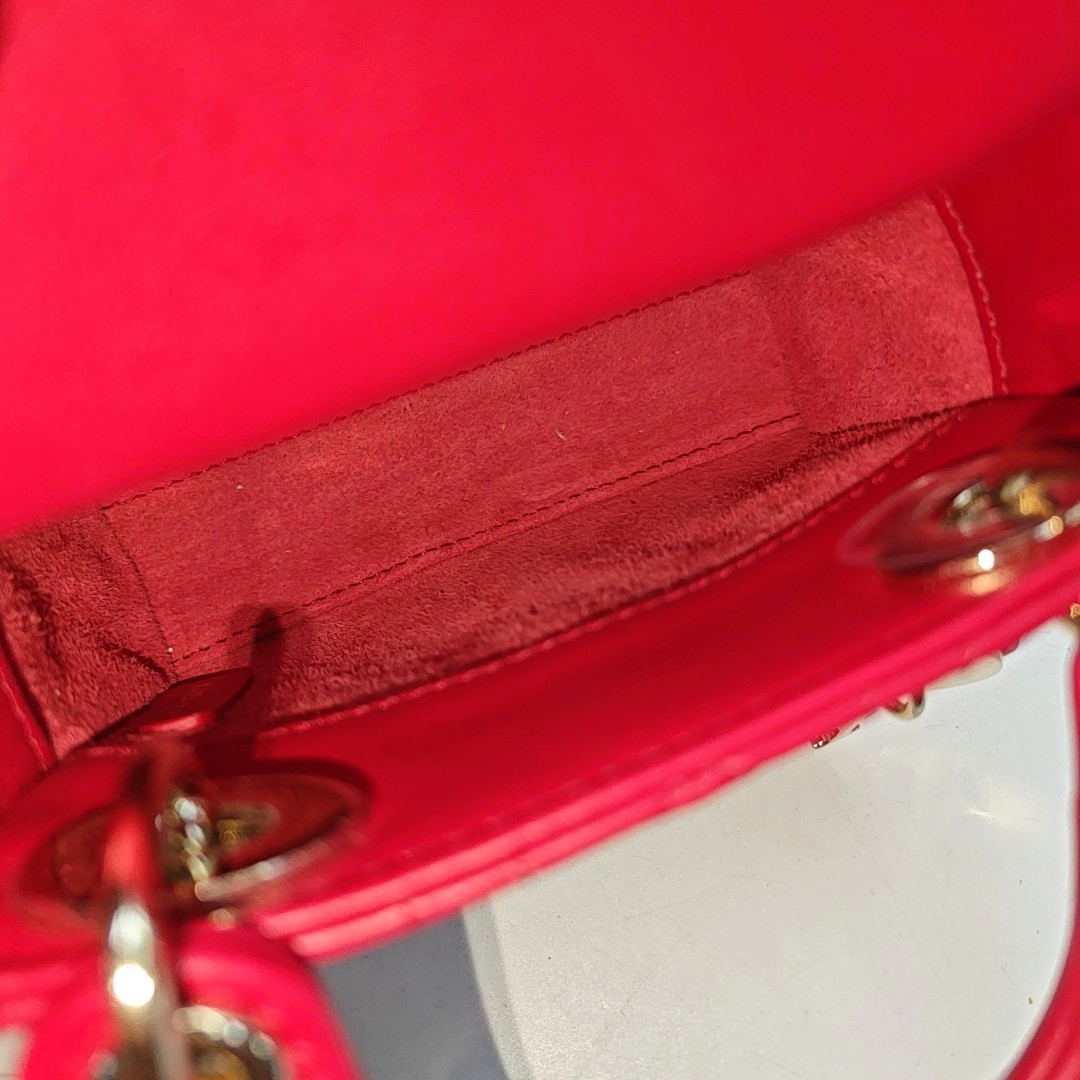 DIOR Lady Dior Super Mini Red Lamb Skin Cannage Embossed Three Compartment Crossbody Shoulder Bag Gold Hardware Removable Strap-(SKU)-952282248