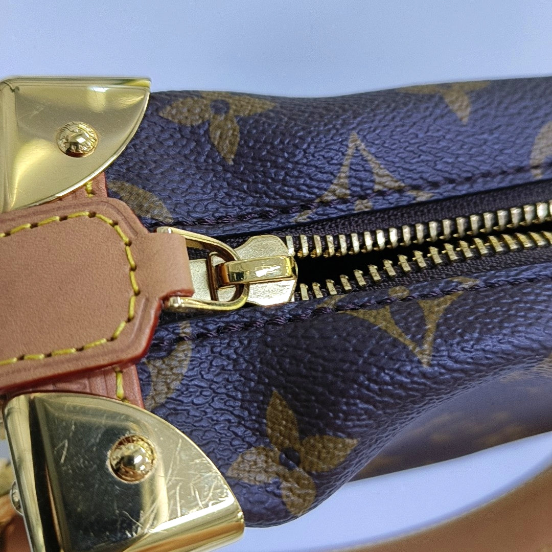 LOUIS VUITTON SIDE TRUNK Small Size Brown Coated Canvas Monogram Embossed Riveted Soft Box Shoulder Bag Tote Bag Crossbody Bag Gold Hardware Two Removable Straps-(SKU)-967707192