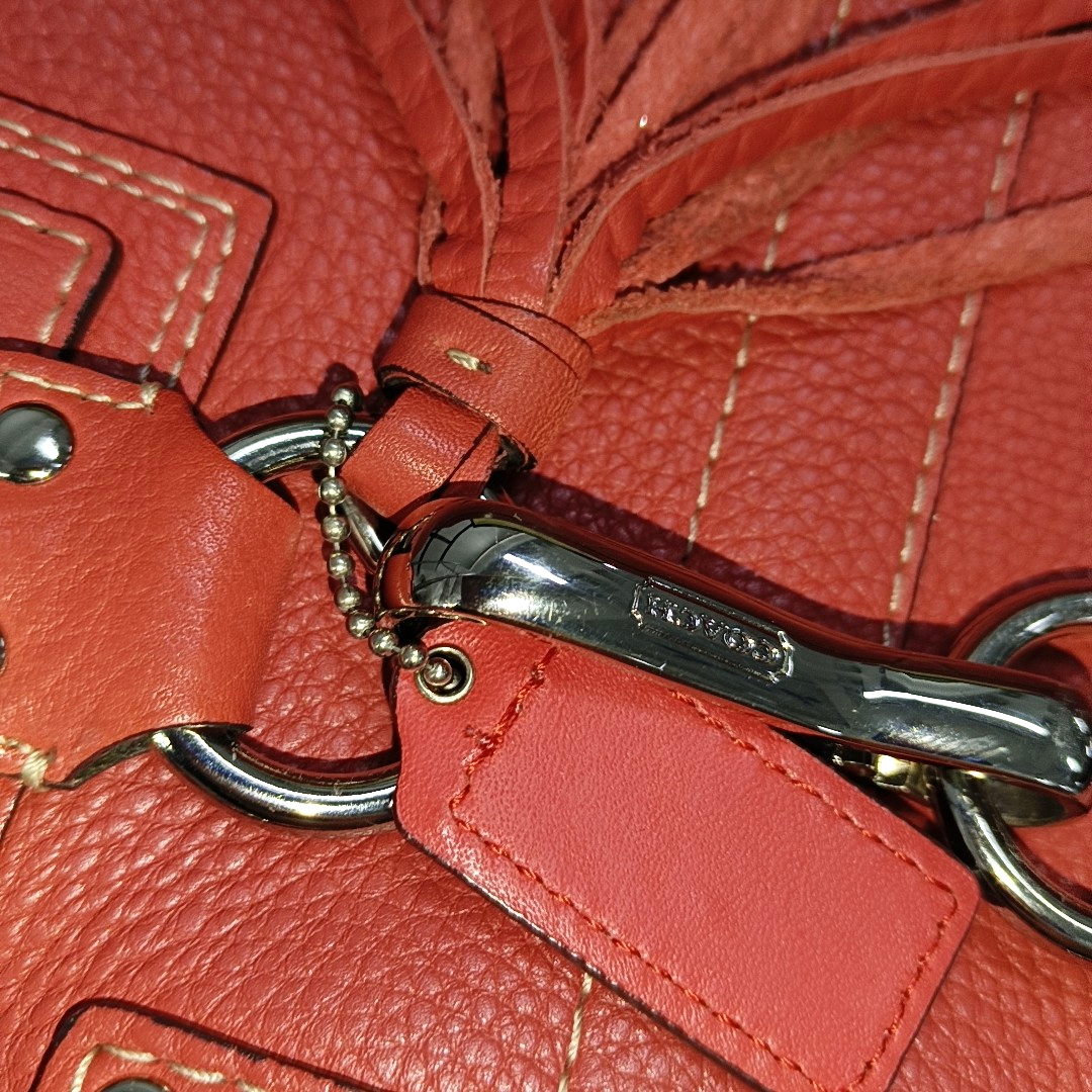 COACH HAMPTON Watermelon Red Calf Leather Fringe Weave Handbag Silver Hardware-(SKU)-928565147