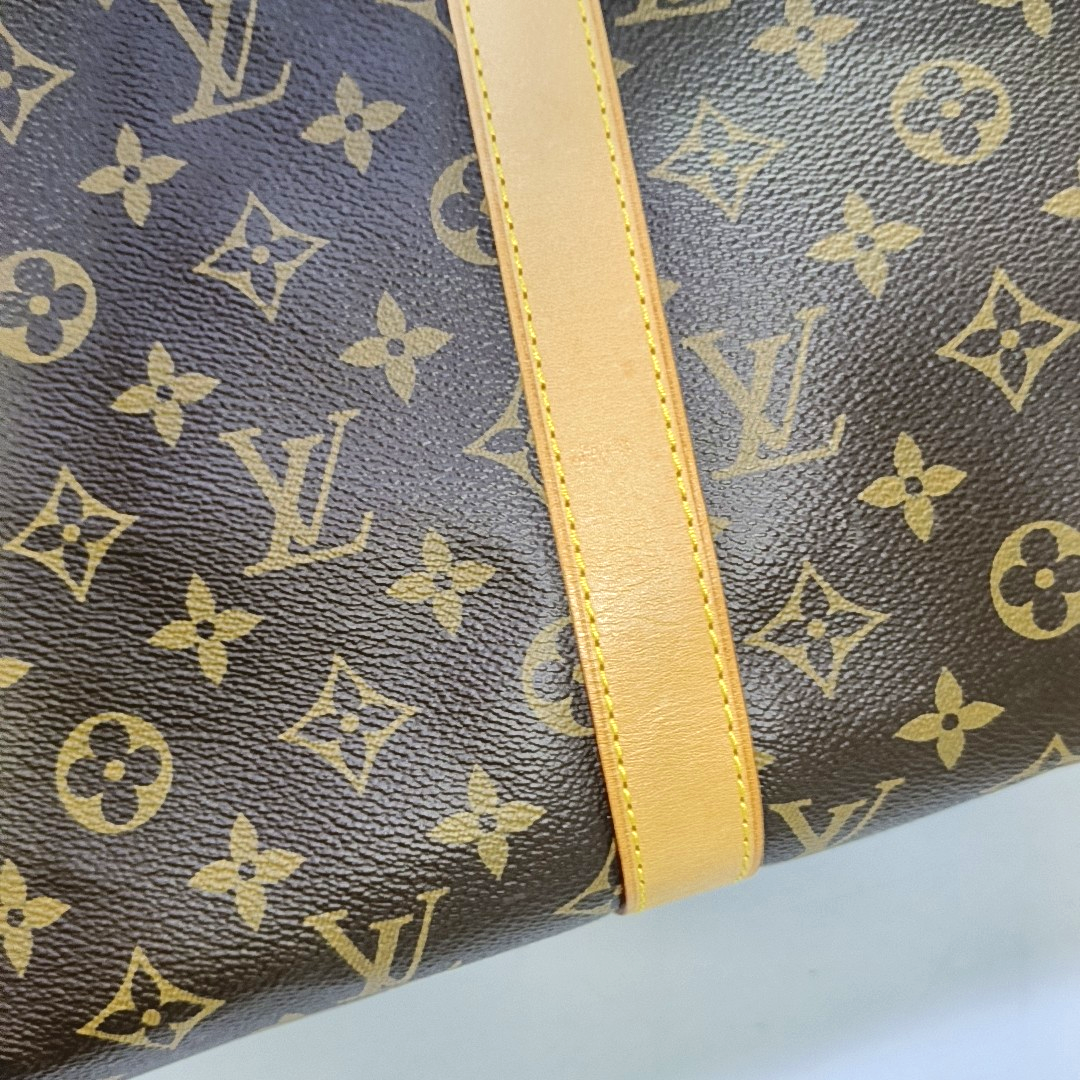 LOUIS VUITTON KEEPALL 50, brown coated canvas monogram Boston bag, shoulder bag, handbag with golden hardware and detachable strap-(SKU)-958409659