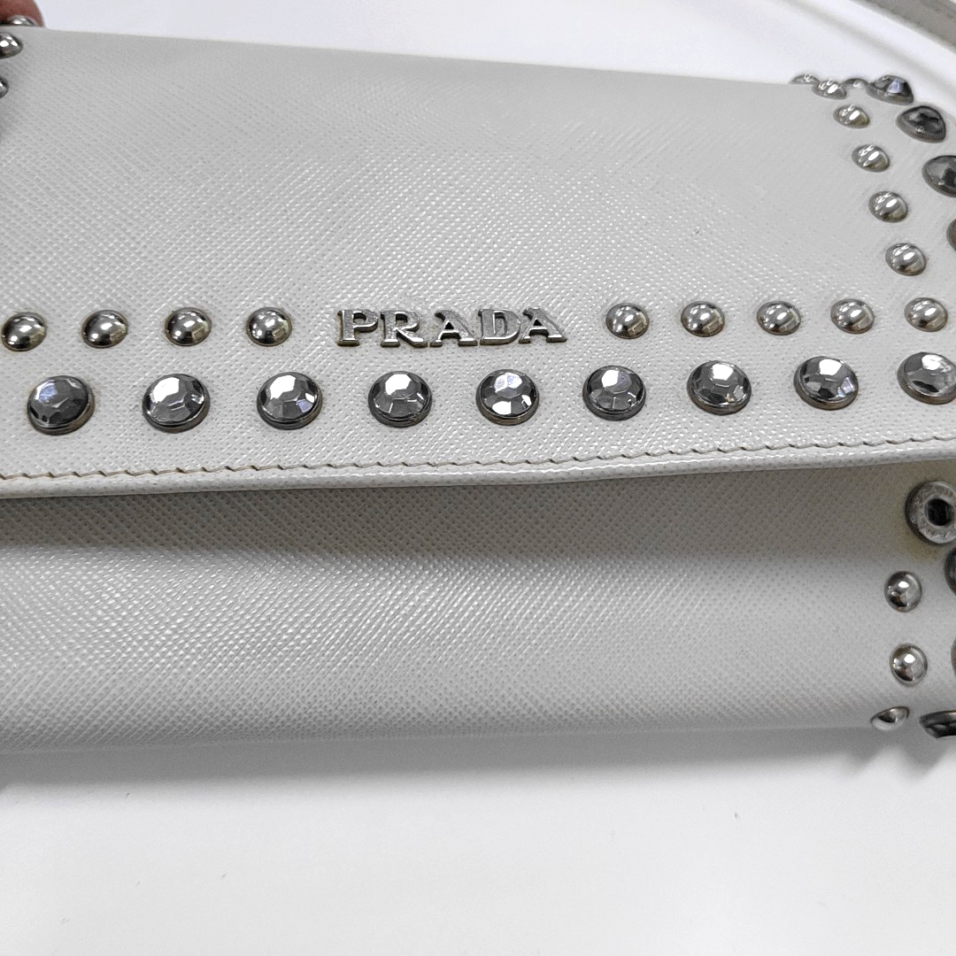 PRADA White Cowhide Crisscross Studs Single Shoulder Bag Crossbody Bag Silver Hardware Removable shoulder strap-(SKU)-935053572