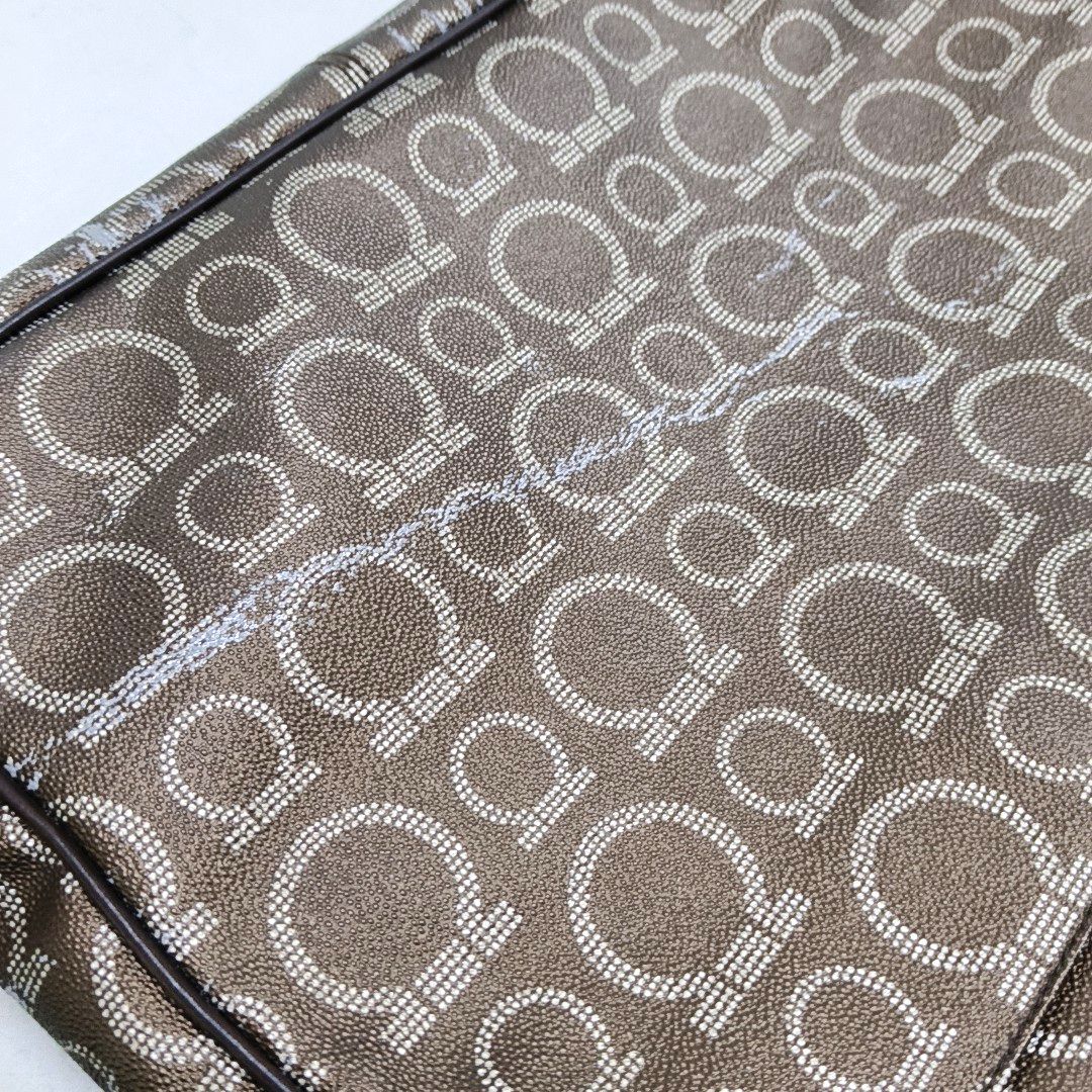 FERRAGAMO Dark Brown Coated Canvas Print Single Shoulder Bag Crossbody Bag Silver Hardware-(SKU)-952089727