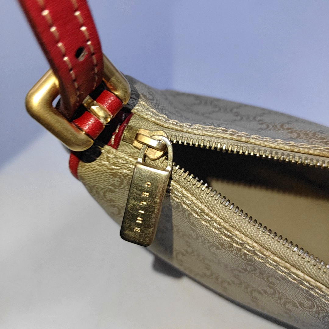CELINE Khaki Coated Canvas Triumph Grained Shoulder Bag Handbag Golden hardware-(SKU)-942940158