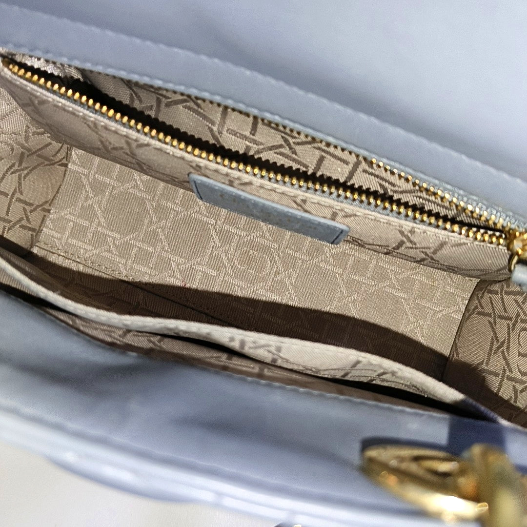 DIOR Lady Dior Small Light Blue Lamb Skin Quilted Diagonal Bag 4-Compartment Single Shoulder Bag Crossbody Handbag with Gold Hardware and Removable Shoulder Strap-(SKU)-967022715