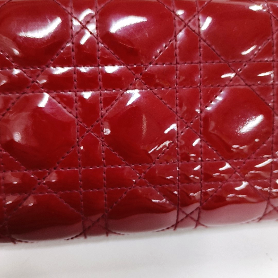 DIOR Lady Dior Burgundy Patent Leather Basketweave Stitched Wallet Golden hardware-(SKU)-950463180