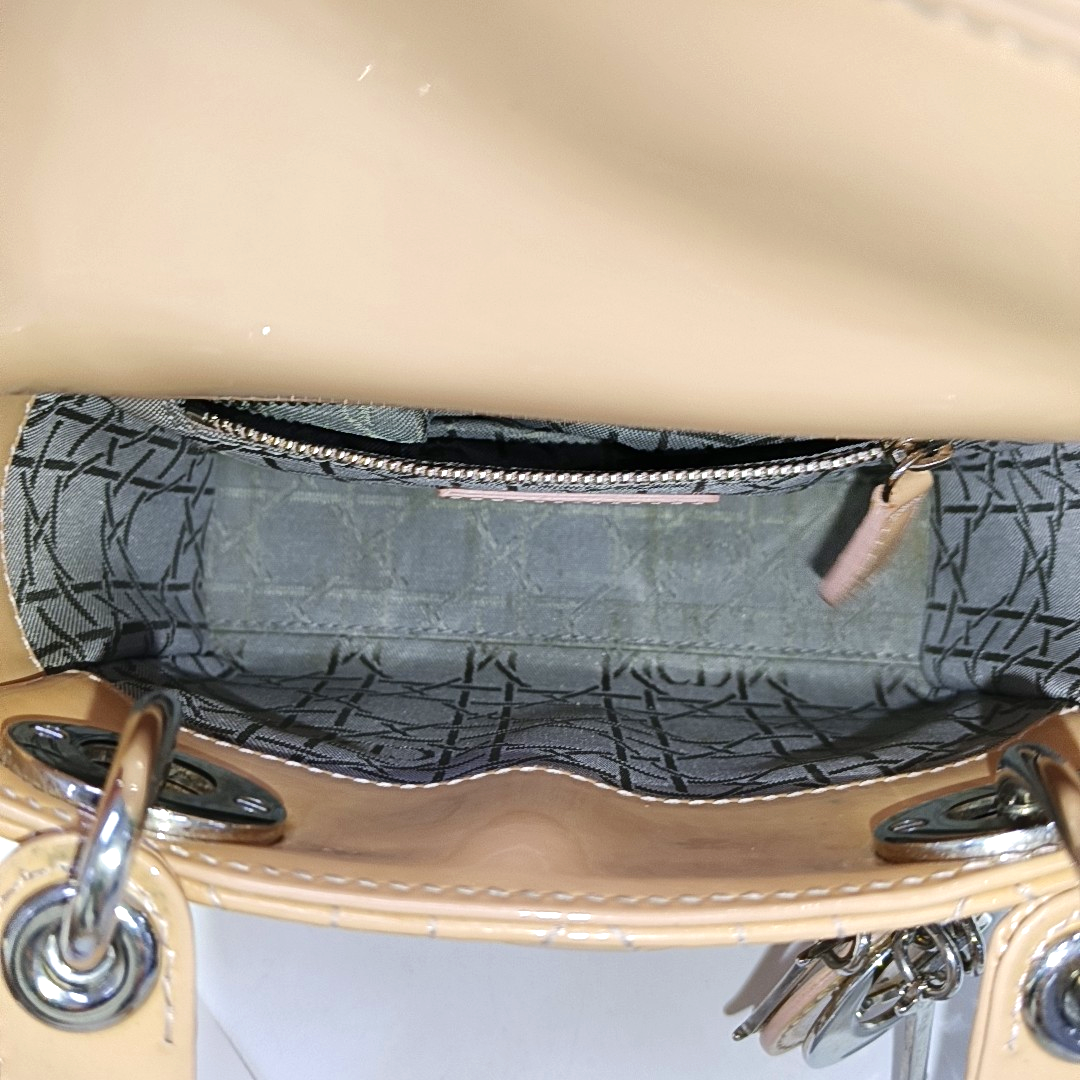 DIOR Lady Dior Mini Khaki Patent Leather Cannage Quilted Hobo Shoulder Bag Handbag Crossbody Bag 18 Clasp Silver Hardware Removable Shoulder Strap-(SKU)-961779565