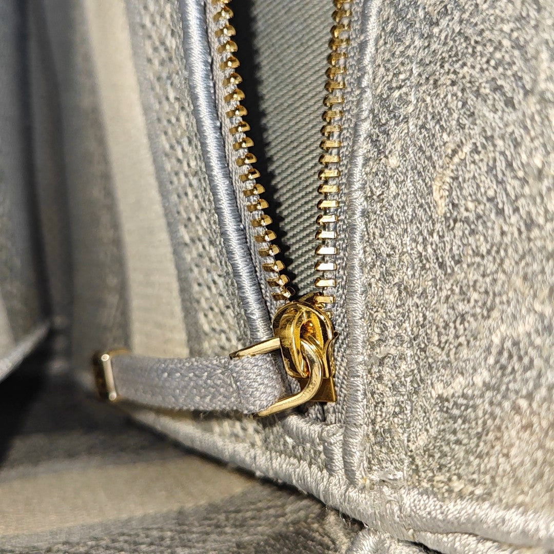DIOR Lady D-Lite medium size grey fabric embroidered handbag gold hardware detachable shoulder strap-(SKU)-965432994